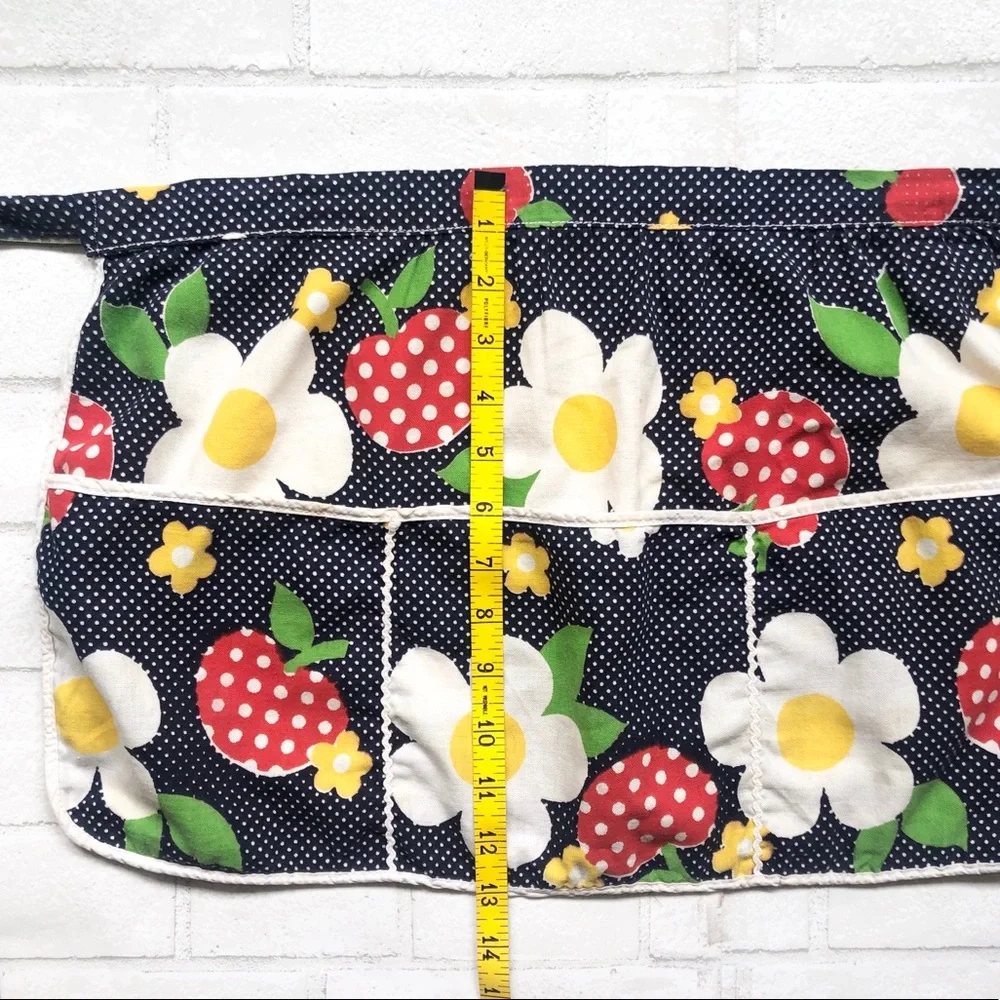 Vintage Cottagecore Strawberry Polka Dot Garden Apron 3 Pocket Retro Navy
